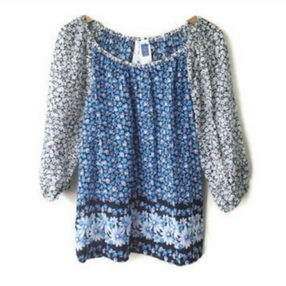 Anthropologie Edme & Esyllte Blue Floral Silk Blend Peasant Top Size 2